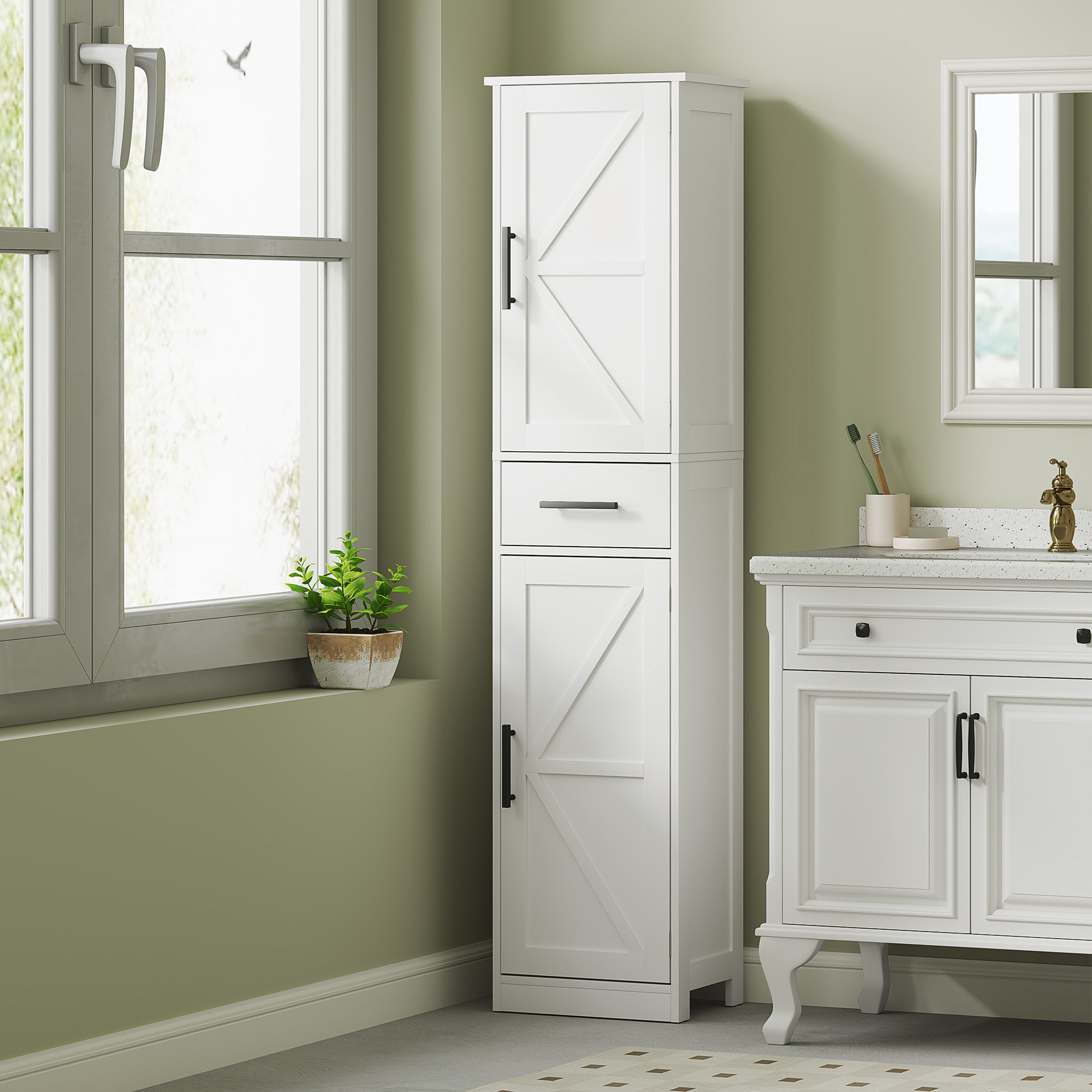 Gracie Oaks 67" Tall Bathroom Storage Cabinet With Drawer, Farmhouse Narrow Bathroom Cabinet ...